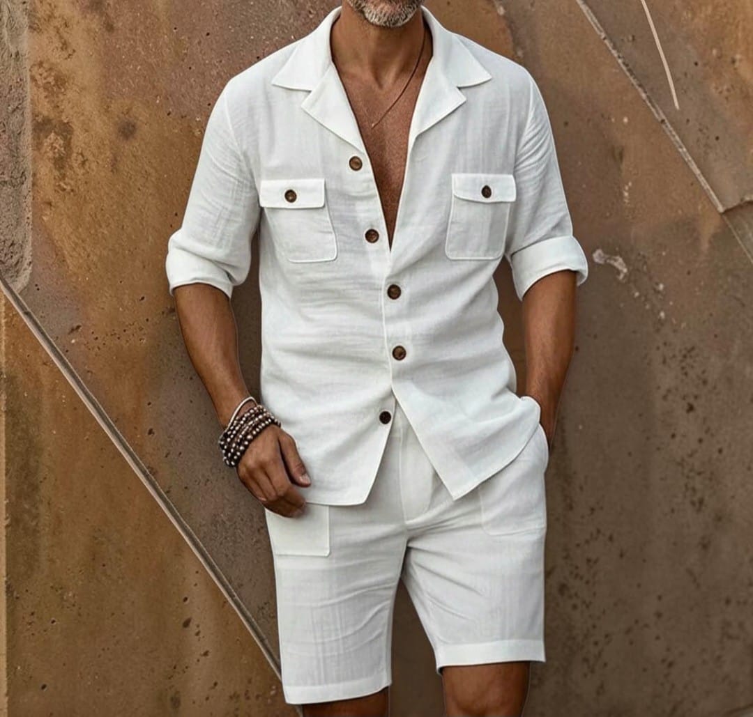 Men's Premium Long Sleeve Button-Up Shirt With Two Pockets Cuban Collar