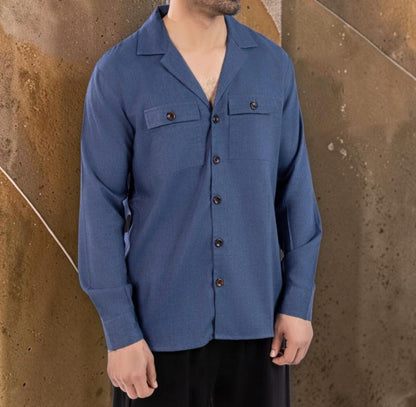 Men Brown & Blue Cuban Collar Shirt