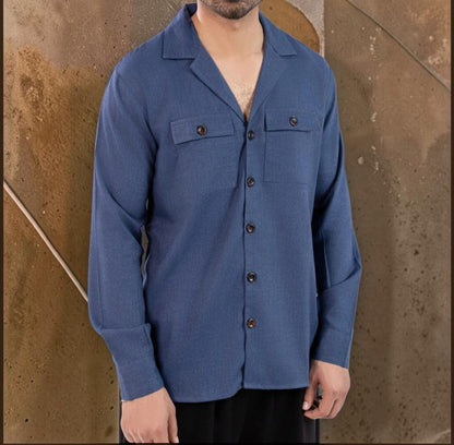 Men Brown & Blue Cuban Collar Shirt